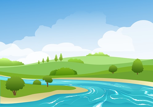 Summer rivers landscape. River clouds forest land scape nature vector image, wild green hills and clean water flow rustic background, flowing stream and spring blooming fields
