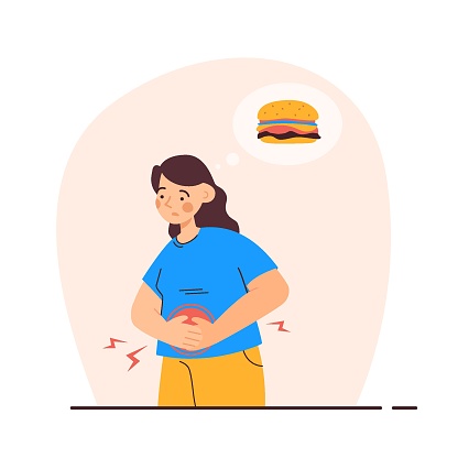 Woman suffering from stomach pain caused by unhealthy food. Junk food, diet and nutrition concept. Modern flat vector illustration