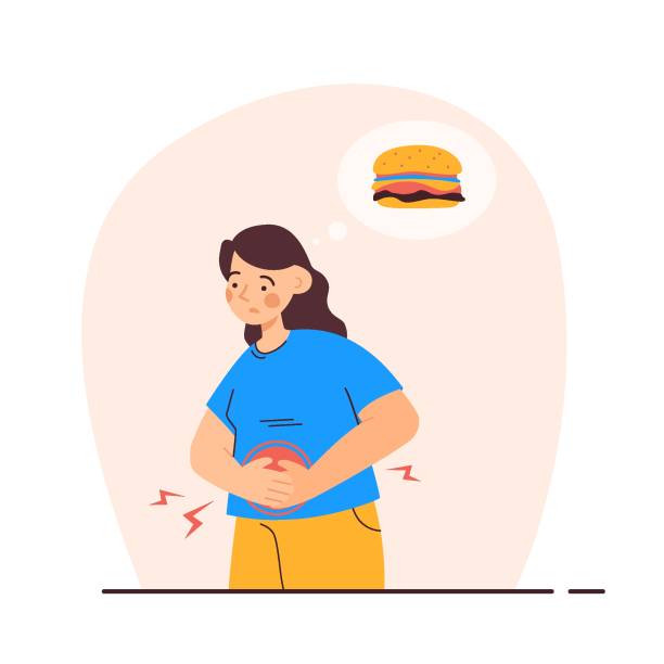 Woman suffering from stomach pain Woman suffering from stomach pain caused by unhealthy food. Junk food, diet and nutrition concept. Modern flat vector illustration hungry stock illustrations