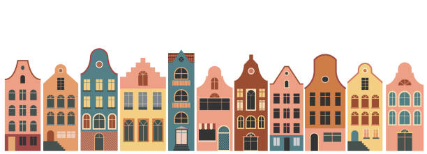 Netherlands Houses, Amsterdam traditional colorful homes, architecture illustrations Netherlands Houses, Amsterdam traditional colorful homes, architecture. Vector illustration european architecture stock illustrations