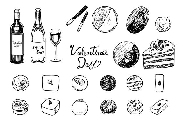 illustrazioni stock, clip art, cartoni animati e icone di tendenza di schizzo disegnato a mano touch cioccolato di san valentino e - chocolate almond foods and drinks white chocolate