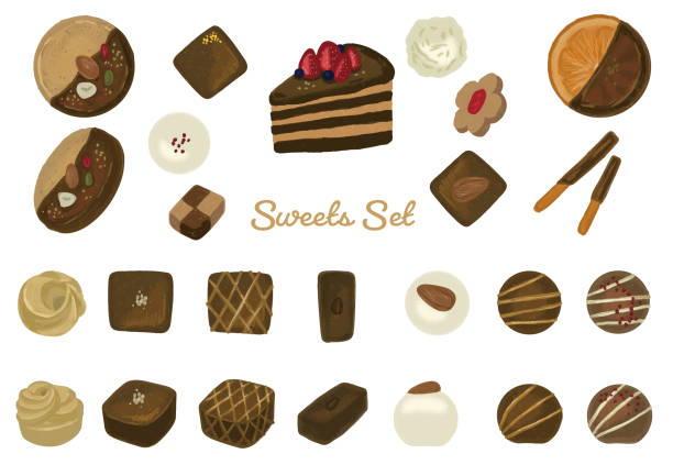 illustrazioni stock, clip art, cartoni animati e icone di tendenza di un set di cioccolatini con un tocco dipinto a mano - chocolate almond foods and drinks white chocolate