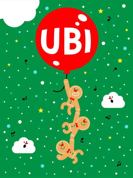 illustrazioni stock, clip art, cartoni animati e icone di tendenza di uomini di pan di zenzero che tengono un grande palloncino con un segno di reddito di base universale (ubi) e volano nel cielo - balloon moving up child flying