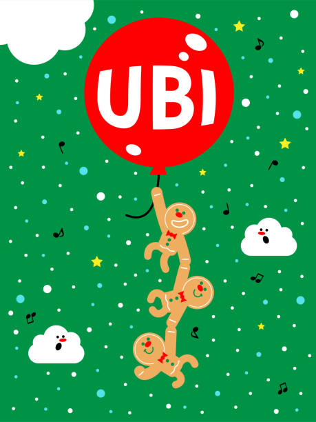 ilustrações, clipart, desenhos animados e ícones de homens de gengibre segurando um grande balão com um sinal universal de renda básica (ubi) e voando no céu - balloon moving up child flying