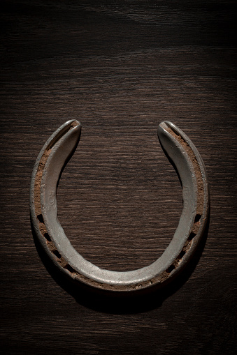 Old worn in horseshoe, on wooden background
