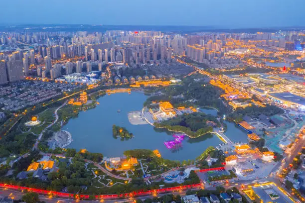 aerial view tang paradise in nightfall, beautiful xian cityscape, China
