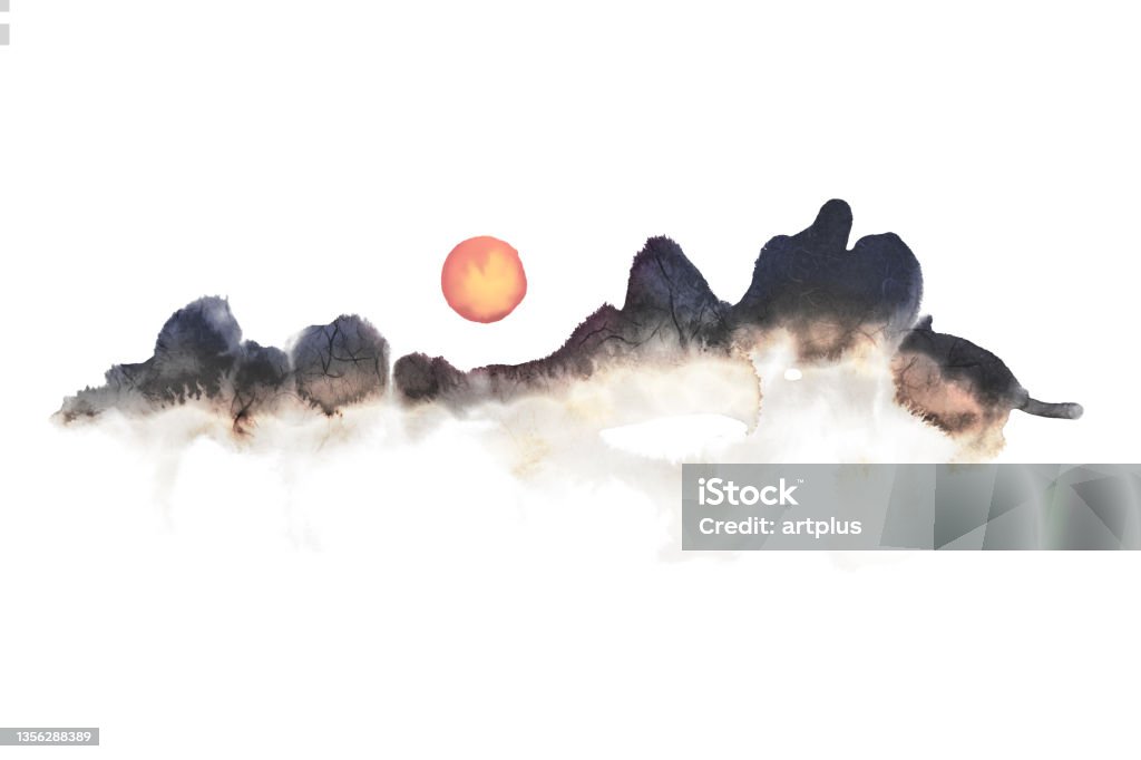 Bright new year beautiful sunrise oriental painting Korea Stock Photo