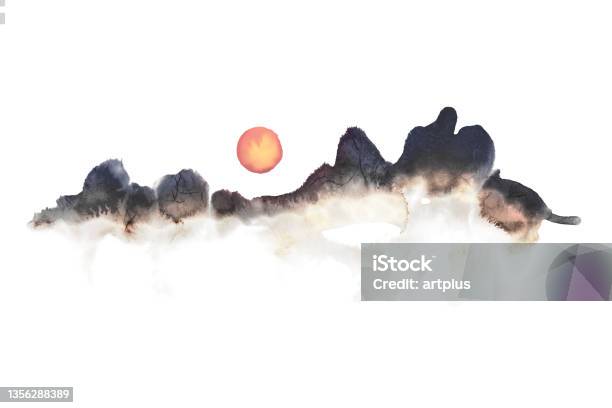 Bright New Year Beautiful Sunrise Oriental Painting Stock Photo - Download Image Now