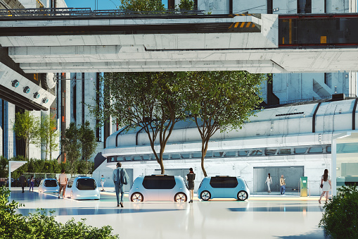 Futuristic city center with electric vehicles and people. This is entirely 3D generated image. Vehicle is custom modeled and not based on any real or concept model/brand.