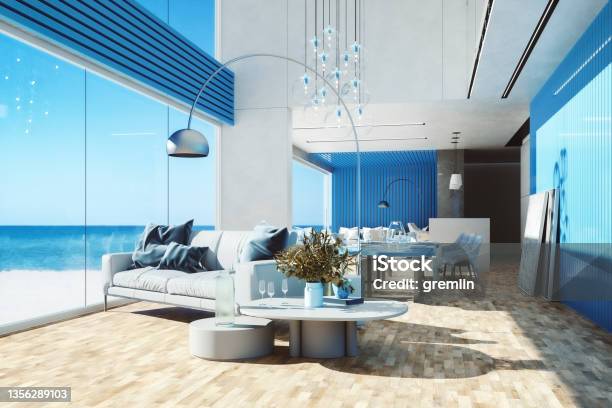 Luxurious Seaside Villa Interior Stock Photo - Download Image Now - Blue, Living Room, Beach