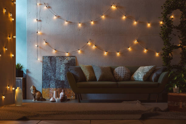 уютная деталь гостиной с одиноким котом - indoors inside of living room illuminated стоковые фото и изображения