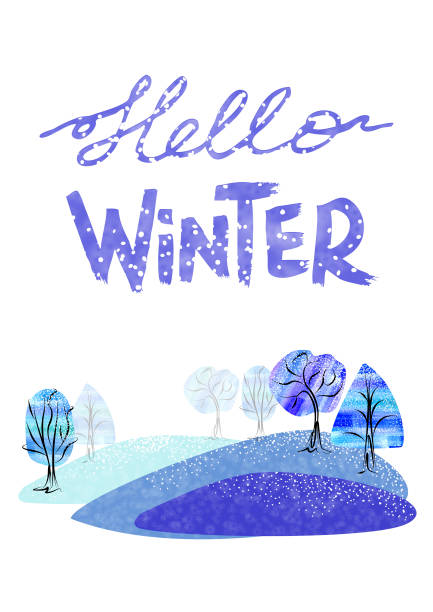 illustrations, cliparts, dessins animés et icônes de aquarelle paysage d’hiver avec forêt et collines. couleurs bleues. hello winter - phrase drawind à la main - valley type