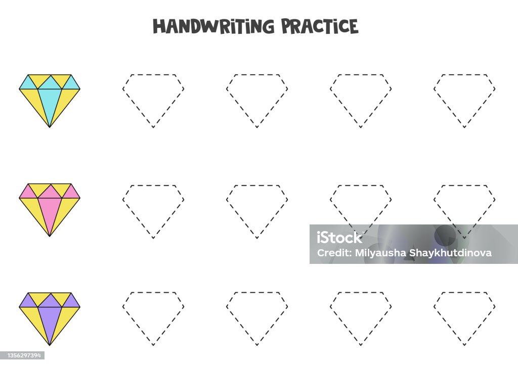Handwrite Diamond Tracing Lines With Cute Colorful Diamonds Writing Practice Stock ...