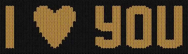 Vector illustration of i love you inscription knitted on a black background gold yarn