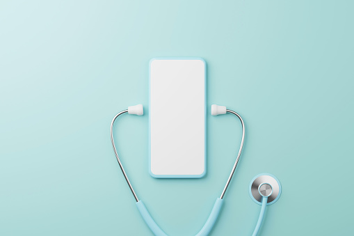 Top view of medical stethoscope and mobile smartphone blank screen on cyan background. Health care insurance and health technology innovation online telemedicine. 3d rendering