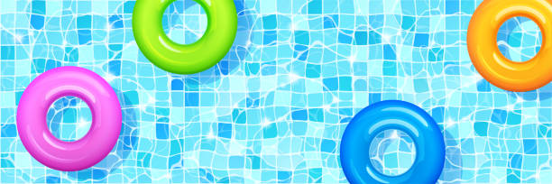 ilustraciones, imágenes clip art, dibujos animados e iconos de stock de piscina con coloridos anillos inflables. - agosto
