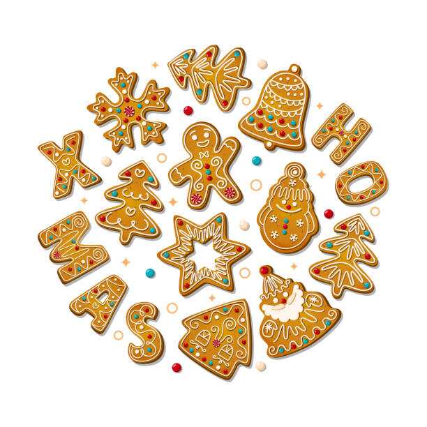 illustrations, cliparts, dessins animés et icônes de biscuits au pain d’épices de noël dans un style cartoon isolés sur fond blanc. biscuits sucrés cuits au four avec glaçage en forme de cercle. craquelins festifs en forme. illustration vectorielle - cookie christmas gingerbread man candy cane