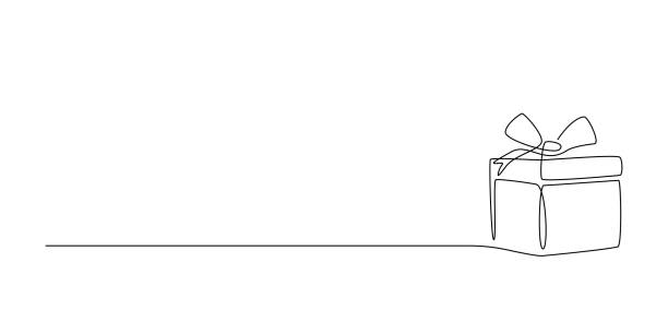 One Continuous line drawing of Christmas Present box with ribbon and bow. Festive present and Wrapped surprise package in simple linear style. Doodle vector illustration One Continuous line drawing of Christmas Present box with ribbon and bow. Festive present and Wrapped surprise package in simple linear style. Doodle vector illustration. anniversary gifts stock illustrations