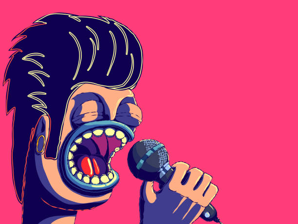 Hand-drawn cartoon retro character banner illustration - Singing man with trendy hairstyle. Hand-drawn cartoon retro character banner illustration - Singing man with trendy hairstyle. A man with an Elvis Presley haircut. soundcard stock illustrations