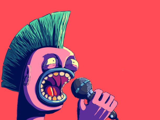 ilustraciones, imágenes clip art, dibujos animados e iconos de stock de ilustración de banner de personaje retro de dibujos animados dibujados a mano - singing punk. - música punk