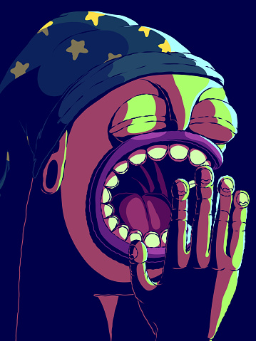 Hand-drawn funny cartoon character illustration - Yawning man wearing a nightcap.