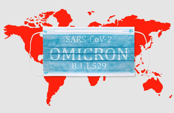 istock Face masks with inscriptions SARS COV 2 Omicron. Covid 19 alpha, beta, gamma, delta, lambda, mu, omicron variants outbreak around the world. 1356308159