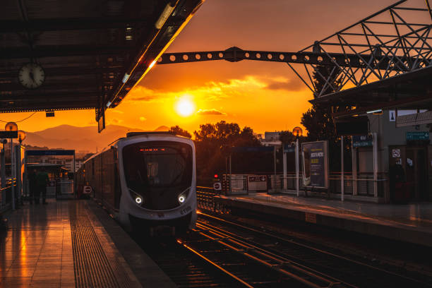 Sunset In İzmir Metro Train Hilal Station, Front Of the Train In Station, Rail Road Tracks