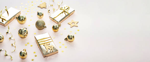 istock Christmas composition from gift boxes, christmas balls, serpentine, confetti view from above. 1356310288