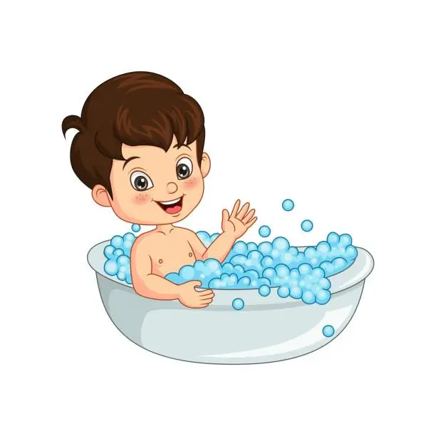 Vector illustration of Cute little boy taking a bath in bathtub