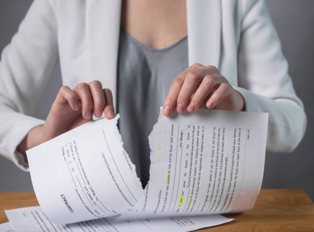 istock Torn contract in hands. Terminated agreement concept. Ripping paper document and breaching rules 1356311298