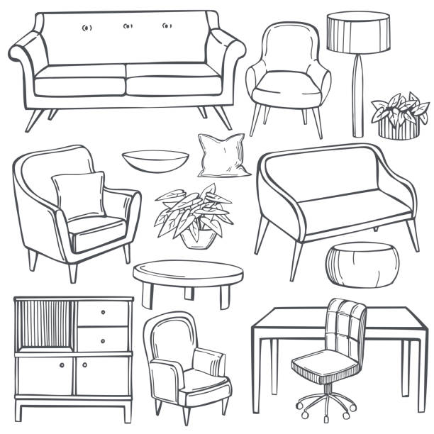 가정용 가구. 스케치 일러스트레이션. - symbol home interior furniture pillow stock illustrations