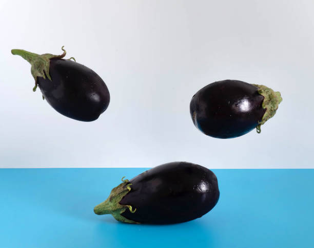 istock Fresh flying vegetables on a blue-white background. Eggplants. 1356312301