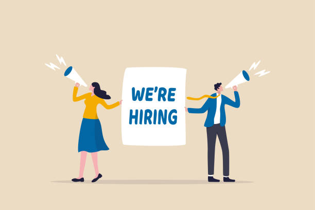 ilustrações de stock, clip art, desenhos animados e ícones de hr recruiting announcement we are hiring advertisement, human resources or employer looking for candidate for job vacancy concept, business people hr with megaphone holding we are hiring sign. - job listing