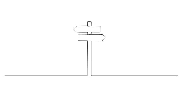 ilustrações de stock, clip art, desenhos animados e ícones de one continuous line drawing of road direction signpost arrows to the right and left isolated on white. pointer symbol in doodle style. vector illustration for web banner, design template, postcard - guidance