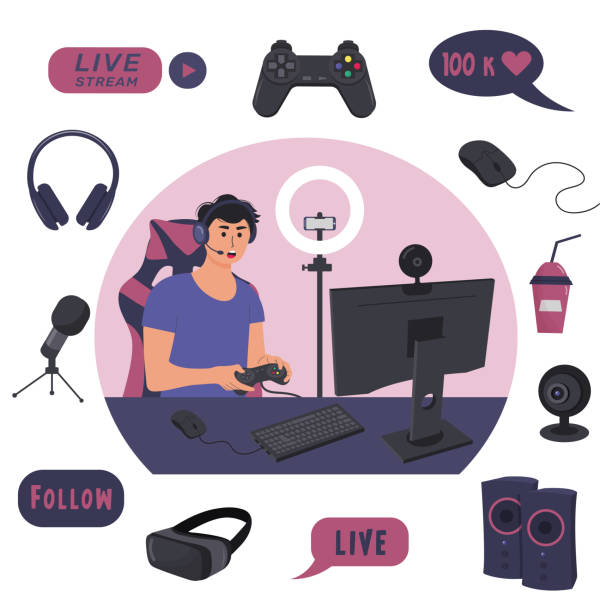 ilustrações, clipart, desenhos animados e ícones de streamer jogando um videogame online no computador e gravando vídeo usando câmera web e microfone. - gaming systems