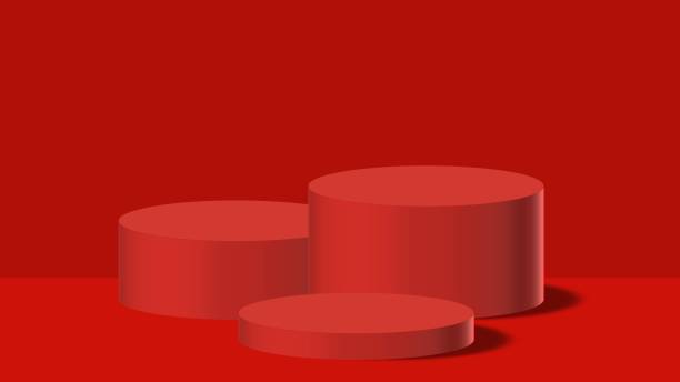 istock red product background stand or podium pedestal on empty display with red background. 3D rendering 1356316673