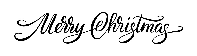 Merry Christmas hand written text. Black Merry Christmas letters isolated on white. Winter season typography. Elegant vector calligraphy for holiday cards, party posters, headers, gift tags, overlays.