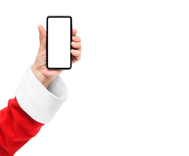 istock Santa show smart phone with blank screen isolated on a white background 1356317749