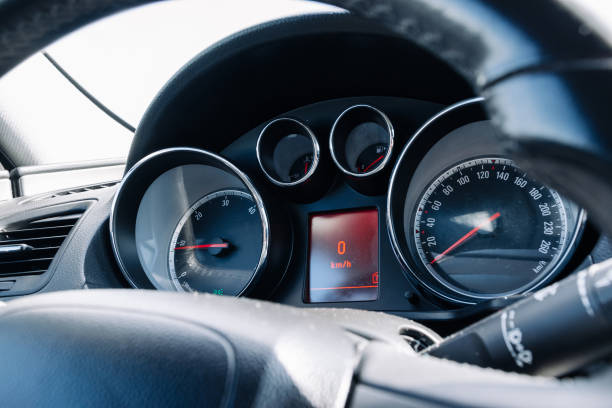istock Speed background. Car dashboard panel with speedometer, tachometer. Fast vehicle, no limit concept. 1356320781