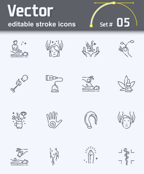 Set of vector alternative health care line icons. editable stroke Set of vector alternative health care line icons isolated on transparent background. Editable stroke reiki stock illustrations