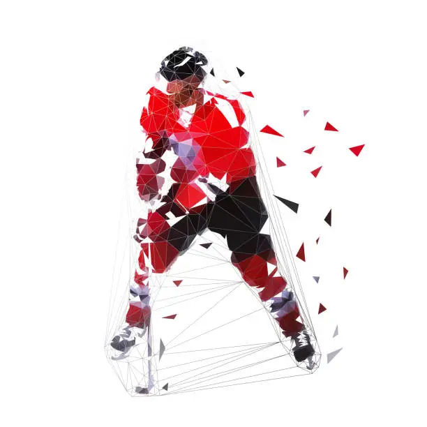 Vector illustration of Hockey player, low polygonal ice skater in red jersey with puck, isolated vector illustration