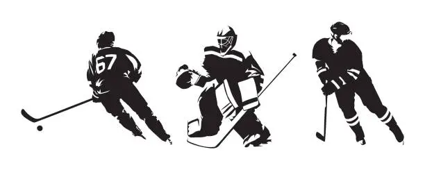 Vector illustration of Hockey players, group of isolated vector silhouettes. Ice hockey ink drawings