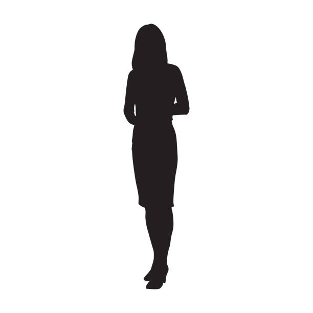 비즈니스 우먼 서, 고립 된 벡터 실루엣 - silhouette women black and white side view stock illustrations