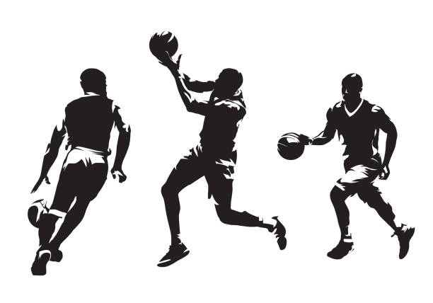 ilustrações, clipart, desenhos animados e ícones de grupo de jogadores de basquete, conjunto de silhuetas vetoriais isoladas. esporte em equipe, pessoas ativas - basketball silhouette sport athlete