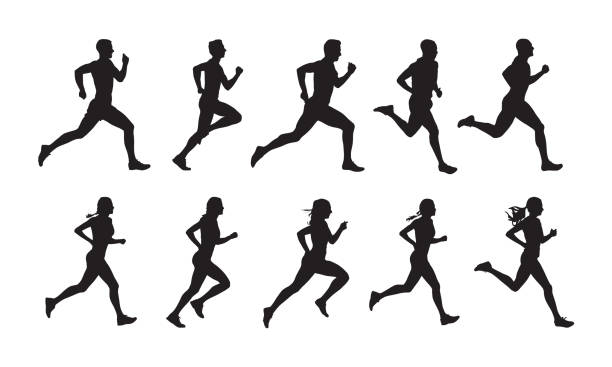 illustrations, cliparts, dessins animés et icônes de courir, ensemble de personnes qui courent, silhouettes vectorielles isolées. groupe de coureurs hommes et femmes - court