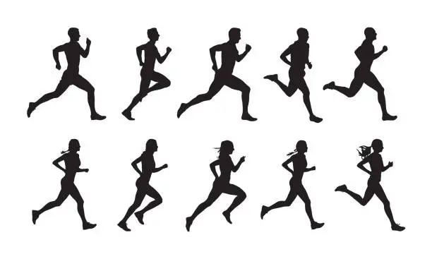 Vector illustration of Run, set of running people, isolated vector silhouettes. Group of  men and women runners