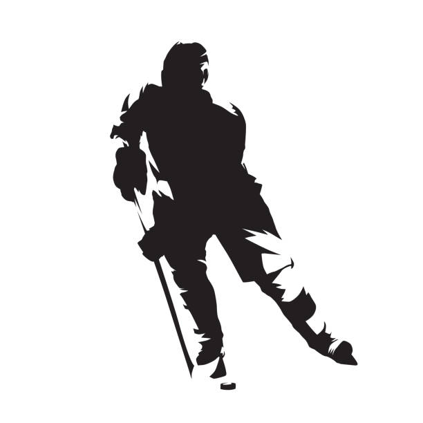 Hockey player, isolated vector silhouette, front view. Ice hockey vector art illustration