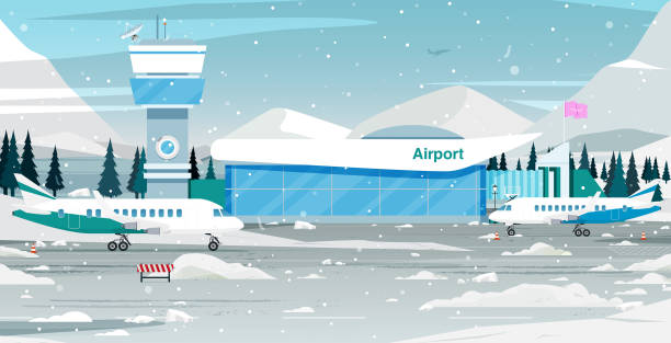 illustrazioni stock, clip art, cartoni animati e icone di tendenza di neve pesante all'aeroporto. - airfield mountain snow airport