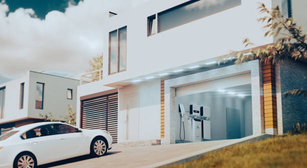 a concept for a home hydrogen system to store solar energy and power electric and hydrogen cars. a modern house with an open garage and a car in the afternoon light. 3d rendering. - autarkie stockfoto's en -beelden