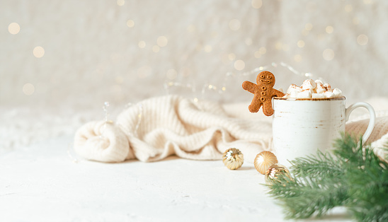 Gingerbread man cookie in cup of hot cocoa or coffee with marshmallow, fir tree, cinnamon and warm cozy sweater. Christmas banner, lights background. Xmas holiday decorations with copy space